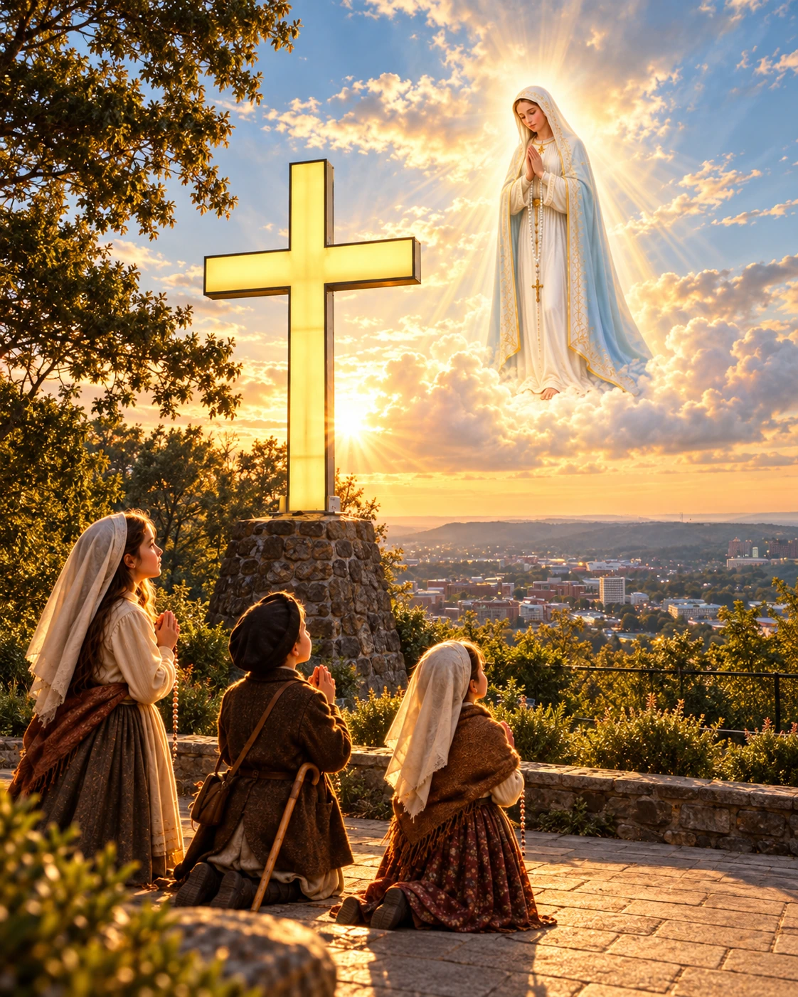 Devotional artwork of Our Lady of Fatima above the Cross at Mount Sequoyah with the three Fatima children praying